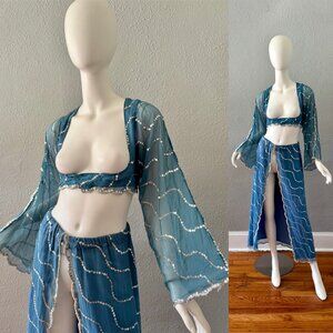 Vintage 40s 50s Dance Blue Sequin Silk Crop 2 Pc Outfit Angel Sleeve Skirt Set S